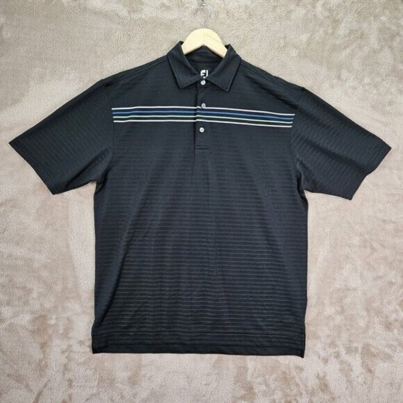 FJ Footjoy Polo Shirt White Blue Green Stripes Golf Black Short Sleeve Men's XL - Picture 1 of 10